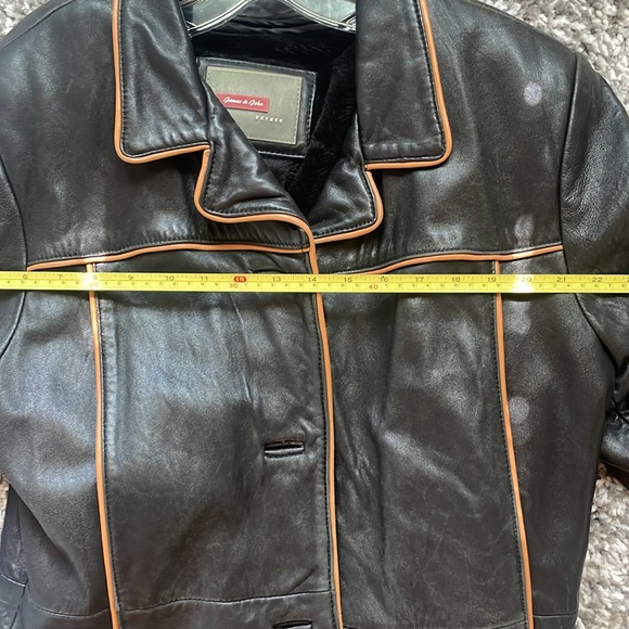 Black with Tan Trim Long Leather Jacket - Picture 11 of 14